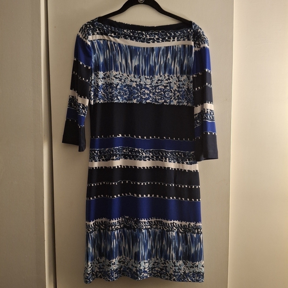 Donna Morgan Women's Blue Patterened Design Midi Sheath Dress